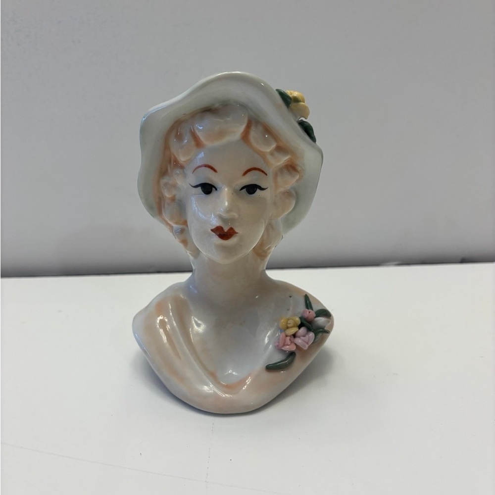 Vintage Lady Head Vase Lady with Flowered Hat on Flowered Collar